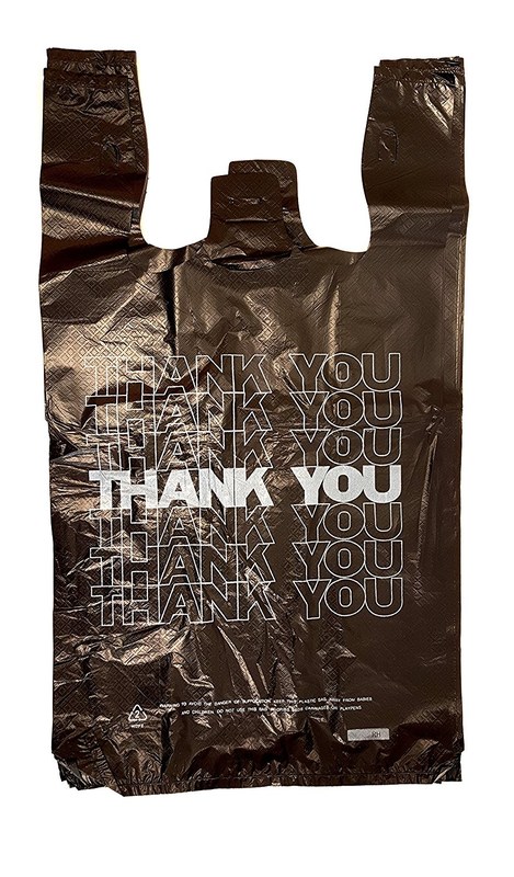 thumbnail image 2 of Large 21" X 6" X 11.5" Black Plastic T-Shirt Bags – 13 Mic, Thank You Print (Grocery Style) 2 of 6