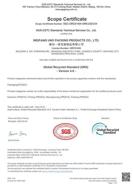 China WEIFANG UNO PACKING PRODUCTS CO.,LTD certification