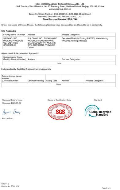 China WEIFANG UNO PACKING PRODUCTS CO.,LTD certification